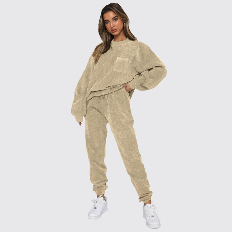 corduroy solid color Round Neck pullover long-sleeved two-piece fashion trouser suit women
