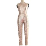 Women's Round Neck Low Back Halter Neck Sleeveless Bodycon Sequin Jumpsuit