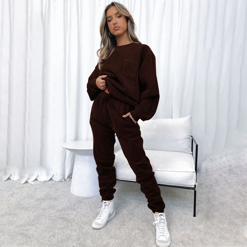 corduroy solid color Round Neck pullover long-sleeved two-piece fashion trouser suit women