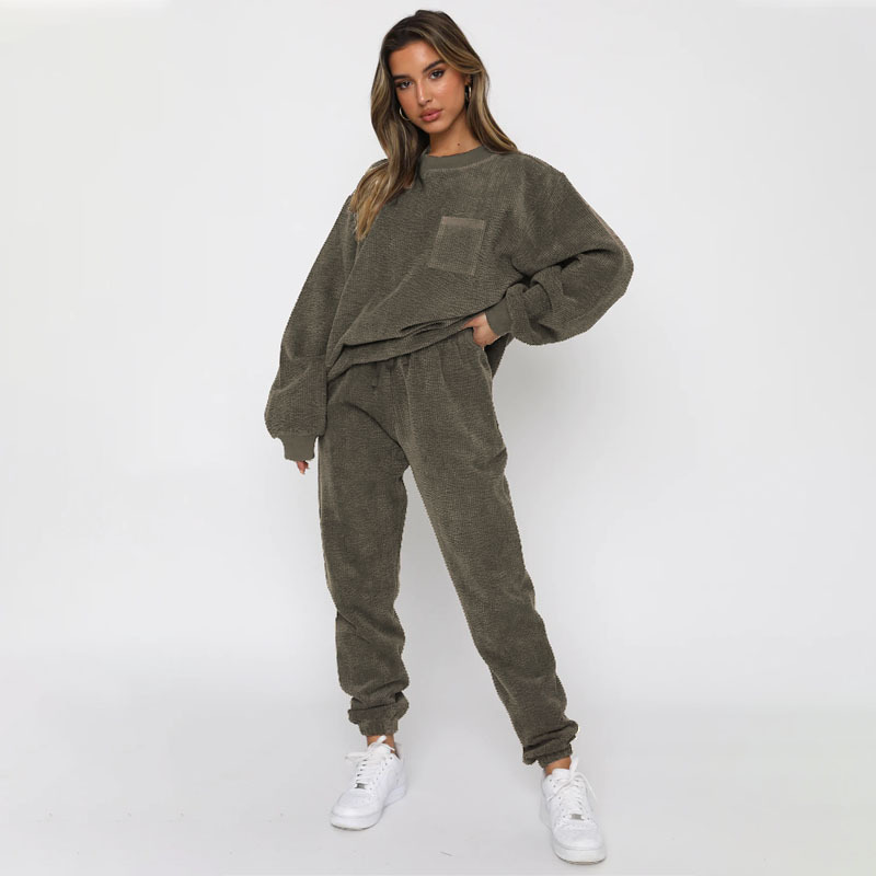corduroy solid color Round Neck pullover long-sleeved two-piece fashion trouser suit women