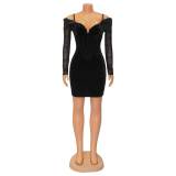 fashion sexy Tight Fitting Mesh long-sleeved dress for women