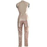 Women's Round Neck Low Back Halter Neck Sleeveless Bodycon Sequin Jumpsuit