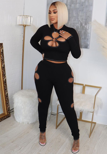 Stretch Ribbed Quatrefoil Cutout Sexy Two-Piece Set