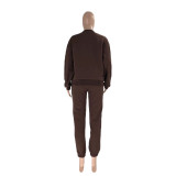 Solid Color Fleece Round Neck Pullover Long Sleeve Hoodies Fashionable Casual Pants Set