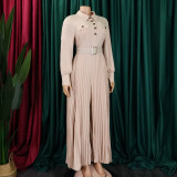 Women's Fall Winter Long Sleeve Casual Loose Pleated Wide Leg Jumpsuit with Belt
