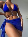 Solid Color Diamond Halter Neck Low Back Three-Piece Swimwear Set Two Pieces Bikini Swimsuit Women'S Swimwear