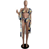 Swimwear Digital Printing Cardigan Short Sleeve Blouse Two Pieces Bikini Swimsuit Women Three-Piece Set
