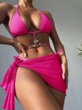 Solid Color Diamond Halter Neck Low Back Three-Piece Swimwear Set Two Pieces Bikini Swimsuit Women'S Swimwear