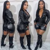 Women'S Solid Color V-Neck Long Sleeve Ruched High Stretch Pu Leather Jumpsuit