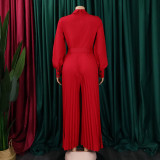 Women's Fall Winter Long Sleeve Casual Loose Pleated Wide Leg Jumpsuit with Belt