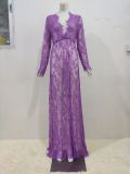 White Sexy Deep V-Neck Long-Sleeved Lace See-Through Tight Fitting Trailing Dress