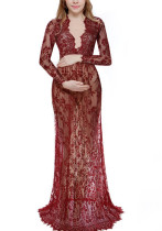 White Sexy Deep V-Neck Long-Sleeved Lace See-Through Tight Fitting Trailing Dress