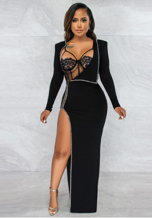 Beaded Lace Bodysuit Long Sleeve Irregular Dress Two-Piece Clubwear