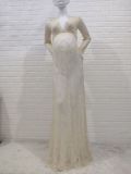 White Sexy Deep V-Neck Long-Sleeved Lace See-Through Tight Fitting Trailing Dress