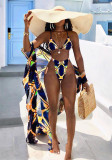 Swimwear Digital Printing Cardigan Short Sleeve Blouse Two Pieces Bikini Swimsuit Women Three-Piece Set