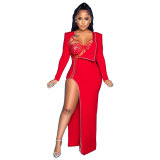 Beaded Lace Bodysuit Long Sleeve Irregular Dress Two-Piece Clubwear