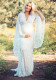White Sexy Deep V-Neck Bell Bottom Sleeve See-Through Lace Tight Fitting Trailing Dress