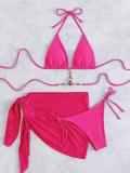 Solid Color Diamond Halter Neck Low Back Three-Piece Swimwear Set Two Pieces Bikini Swimsuit Women'S Swimwear