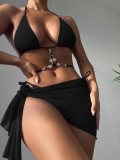 Solid Color Diamond Halter Neck Low Back Three-Piece Swimwear Set Two Pieces Bikini Swimsuit Women'S Swimwear
