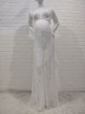 White Sexy Deep V-Neck Long-Sleeved Lace See-Through Tight Fitting Trailing Dress