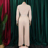 Women's Fall Winter Long Sleeve Casual Loose Pleated Wide Leg Jumpsuit with Belt