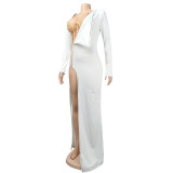 Beaded Lace Bodysuit Long Sleeve Irregular Dress Two-Piece Clubwear