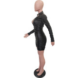 Women'S Solid Color V-Neck Long Sleeve Ruched High Stretch Pu Leather Jumpsuit