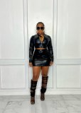 Women Casual pu Leather Zipper Top and Skirt Two-Piece Set