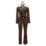 Women Printed Long Sleeve Halter Neck Jumpsuit