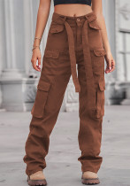 Women Casual Wash Denim Multi Pocket Cargo Pants