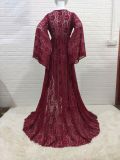 Women Sexy Deep V Neck Bell Bottom Sleeves Lace See-Through Slit Dress
