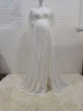 Women Sexy Deep V Neck Bell Bottom Sleeves Lace See-Through Slit Dress