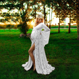 Women Sexy Deep V Neck Bell Bottom Sleeves Lace See-Through Slit Dress