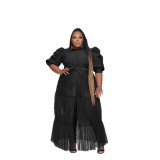 See-Through Mesh Cake Dress Plus Size Belted Breathable Short Sleeve Dress