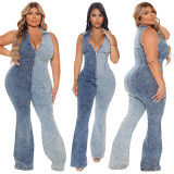 Plus Size Women's Fall Color Block Wash Sexy Denim Jumpsuit