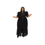 See-Through Mesh Cake Dress Plus Size Belted Breathable Short Sleeve Dress