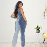 Plus Size Women's Fall Color Block Wash Sexy Denim Jumpsuit