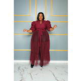 See-Through Mesh Cake Dress Plus Size Belted Breathable Short Sleeve Dress