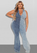 Plus Size Women's Fall Color Block Wash Sexy Denim Jumpsuit Plus Size Women's Fall Color Block Wash Sexy Denim Jumpsuit