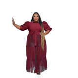 See-Through Mesh Cake Dress Plus Size Belted Breathable Short Sleeve Dress