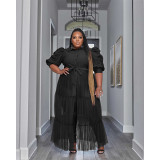 See-Through Mesh Cake Dress Plus Size Belted Breathable Short Sleeve Dress