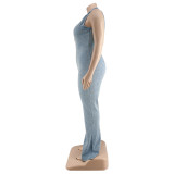 Plus Size Women's Fall Color Block Wash Sexy Denim Jumpsuit