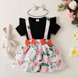 Toddler Girls Spring Summer Bodysuit Straps Floral Skirt Two Piece Set