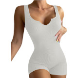 Spring Summer Women'S Solid Color Casual Knitting Rib V-Neck Sleeveless Slim Jumpsuit