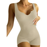 Spring Summer Women'S Solid Color Casual Knitting Rib V-Neck Sleeveless Slim Jumpsuit