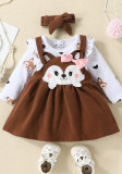 Spring Infants And Boby Children Cartoon Print Printed Long-Sleeved Romper Bow Strap Dress Set