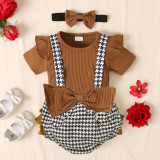 Baby Girl'S Houndstooth Suit Spring Autumn Ribbed Long Sleeve Top Bow Bib Shorts Three Piece Set