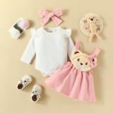 Spring Infants And Boby Children Cartoon Print Printed Long-Sleeved Romper Bow Strap Dress Set