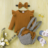 Baby Girl'S Houndstooth Suit Spring Autumn Ribbed Long Sleeve Top Bow Bib Shorts Three Piece Set