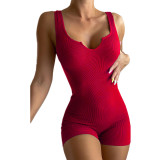 Spring Summer Women'S Solid Color Casual Knitting Rib V-Neck Sleeveless Slim Jumpsuit